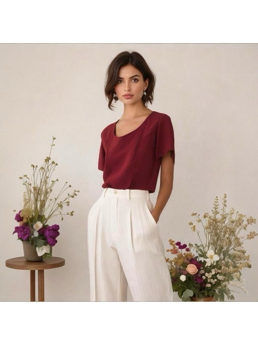 Vintage Calizo Burgundy Dressy Short Sleeve Blouse Top Womens Large Canada - Picture 6 of 6